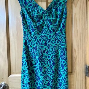 Lilly Pulitzer Green and Blue Sheath Mini Dress Sweetheart Neckline